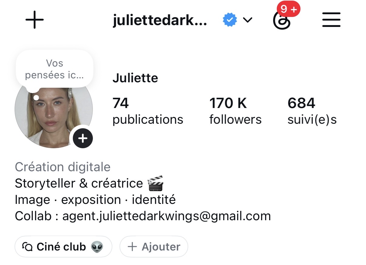 Profil Instagram de Juliette, bouton Ciné club sous la bio